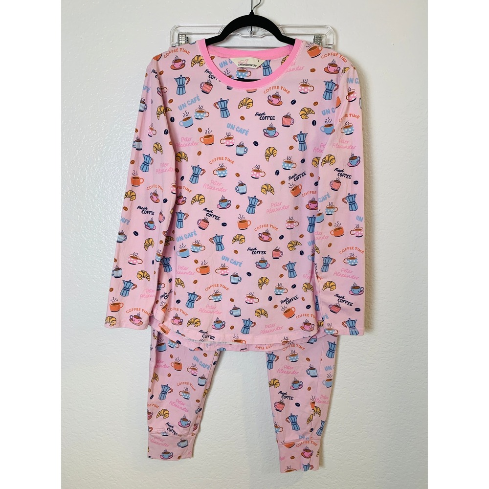 Peter Alexander Pajama Set Women S Pink Coffee Croissant Print Loungewear PJs